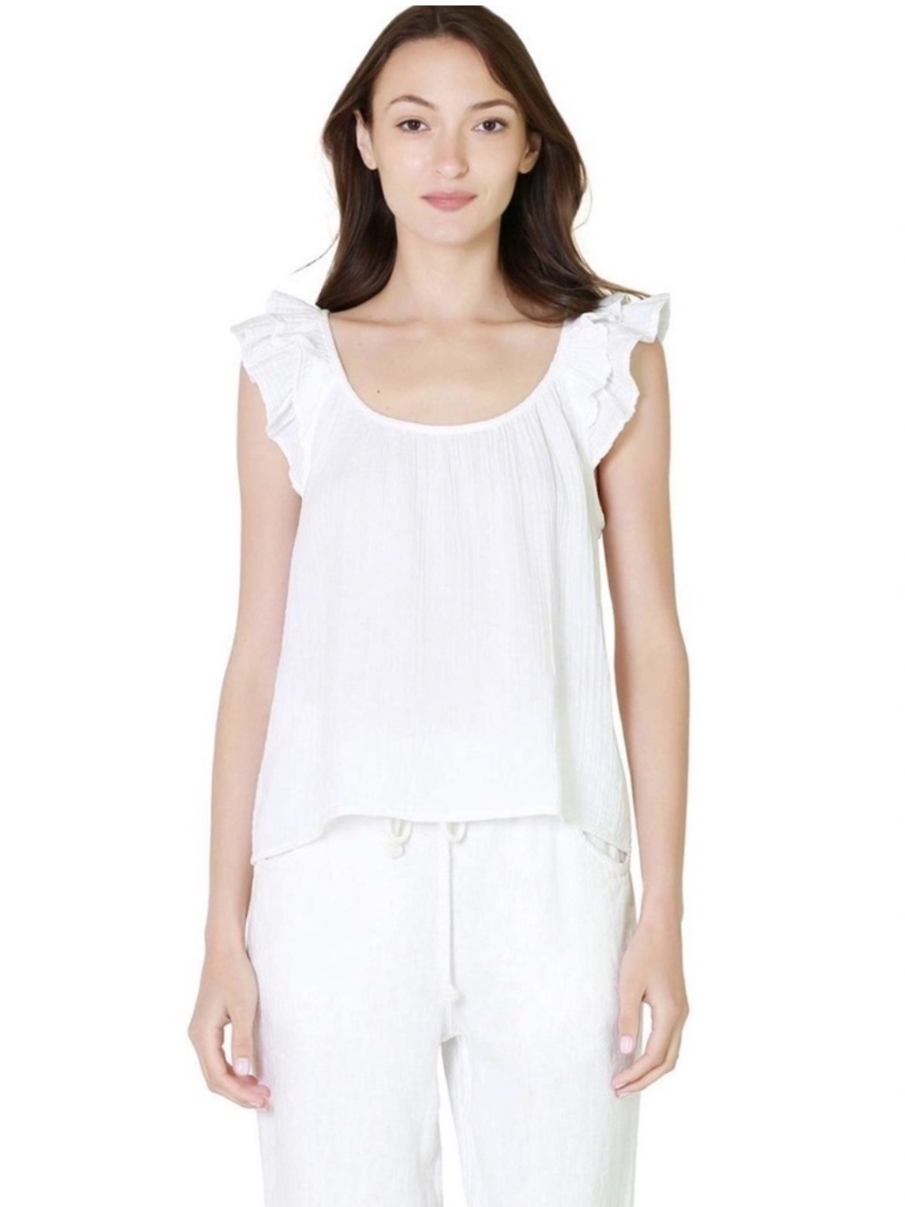 🤍 XiRENA Kara Top White Gauze Cotton Ruffle Sleeve Tank Blouse Size Small Boho‎